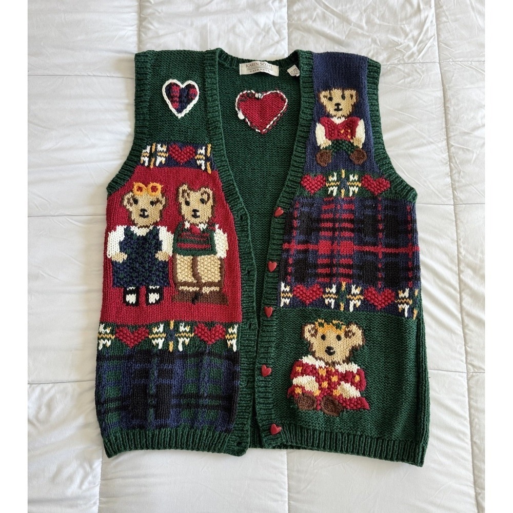 Karen Scott Handknitted Vintage Sweater Vest Large Teddy Bears Hearts Plaid - Picture 1 of 7